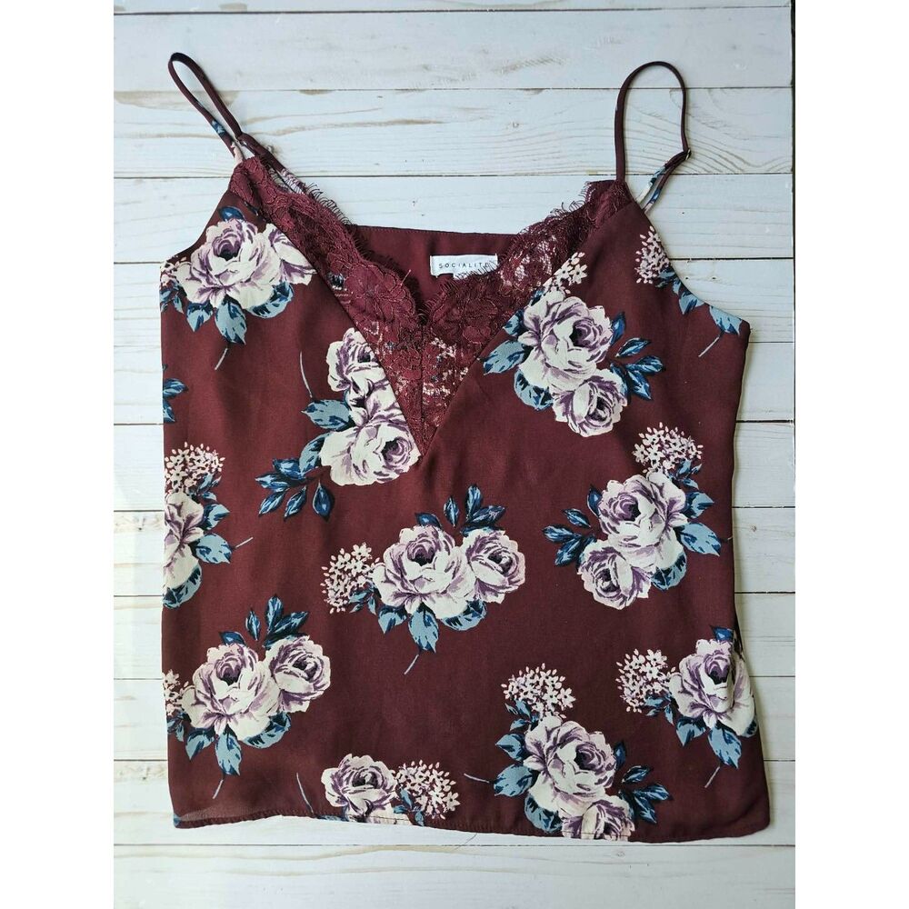 Socialite Women’s M Burgundy Floral Lace Trim Cami Tank Top Spaghetti Strap